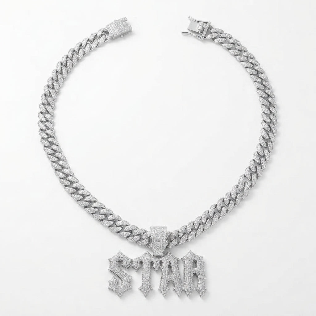 Iced Out STAR Pendant Necklace on Cuban Link Chain – Old English Gothic Letters | Gold or Silver