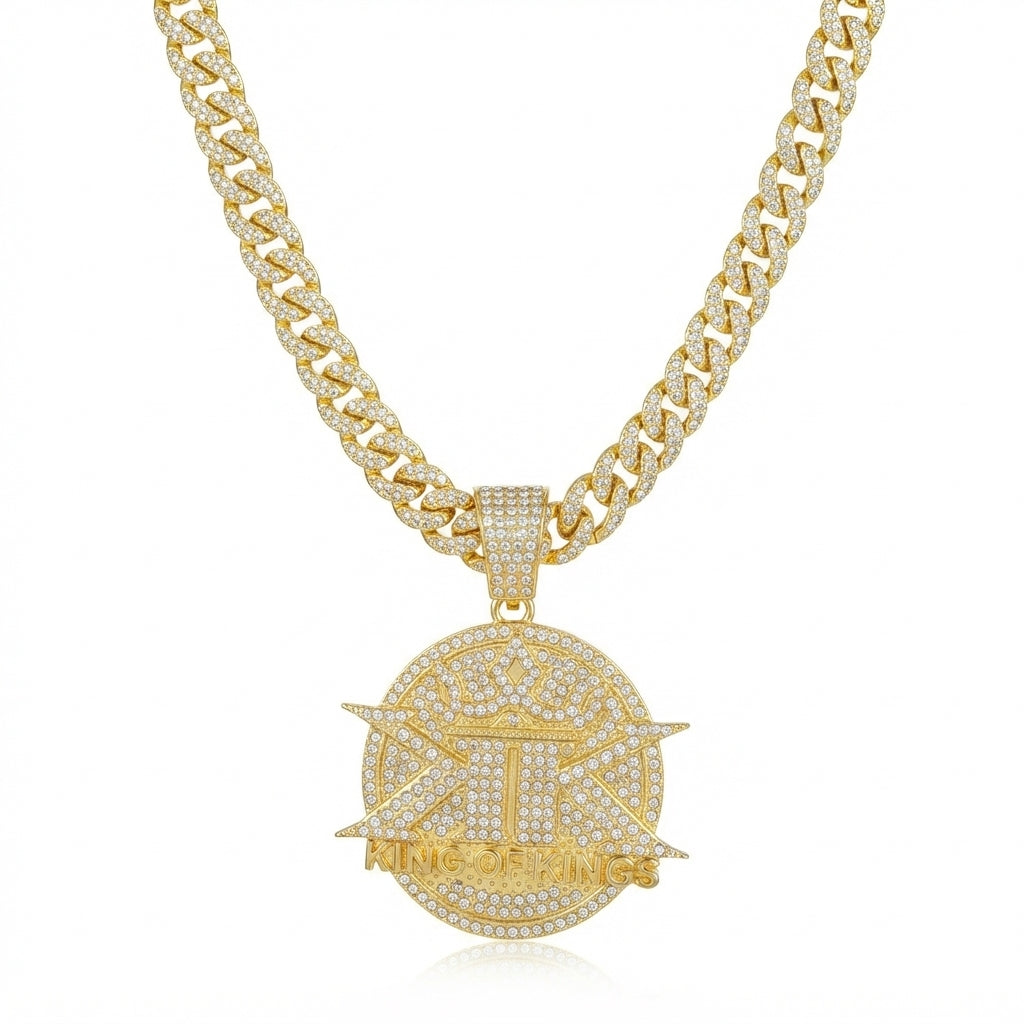 Iced Out King of Kings Medallion Pendant Necklace on Cuban Link Chain – Crowned Double-K Emblem, Religious Jewelry | Silver or Gold