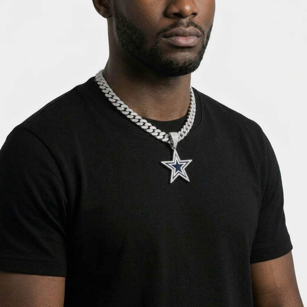 Iced Out Star Pendant Necklace on Cuban Link Chain – Black & White Enamel Star with Stone-Set Border | Silver or Gold