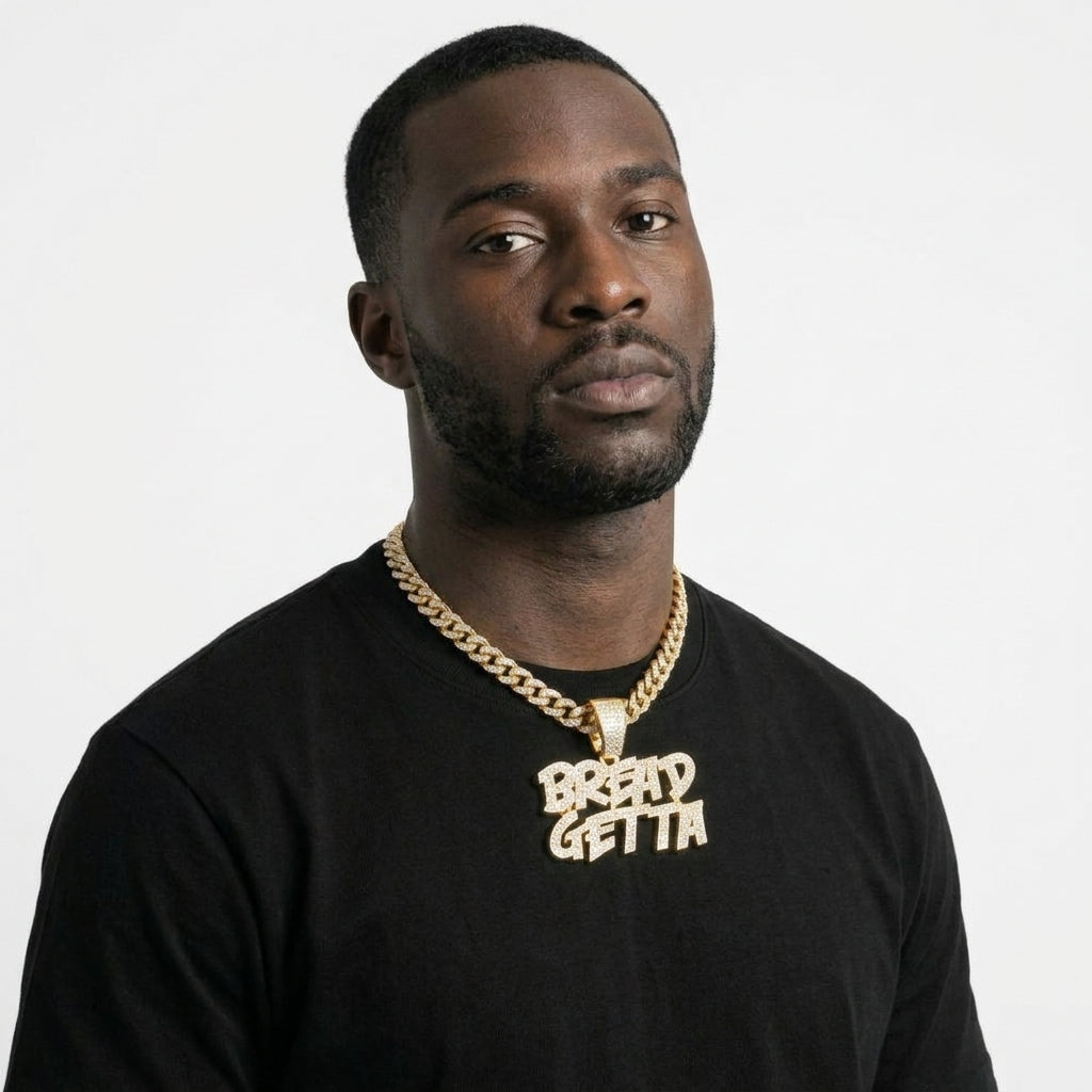 Iced Out BREAD GETTA Pendant Necklace on Cuban Link Chain – Stacked Graffiti-Style Letters | Silver or Gold