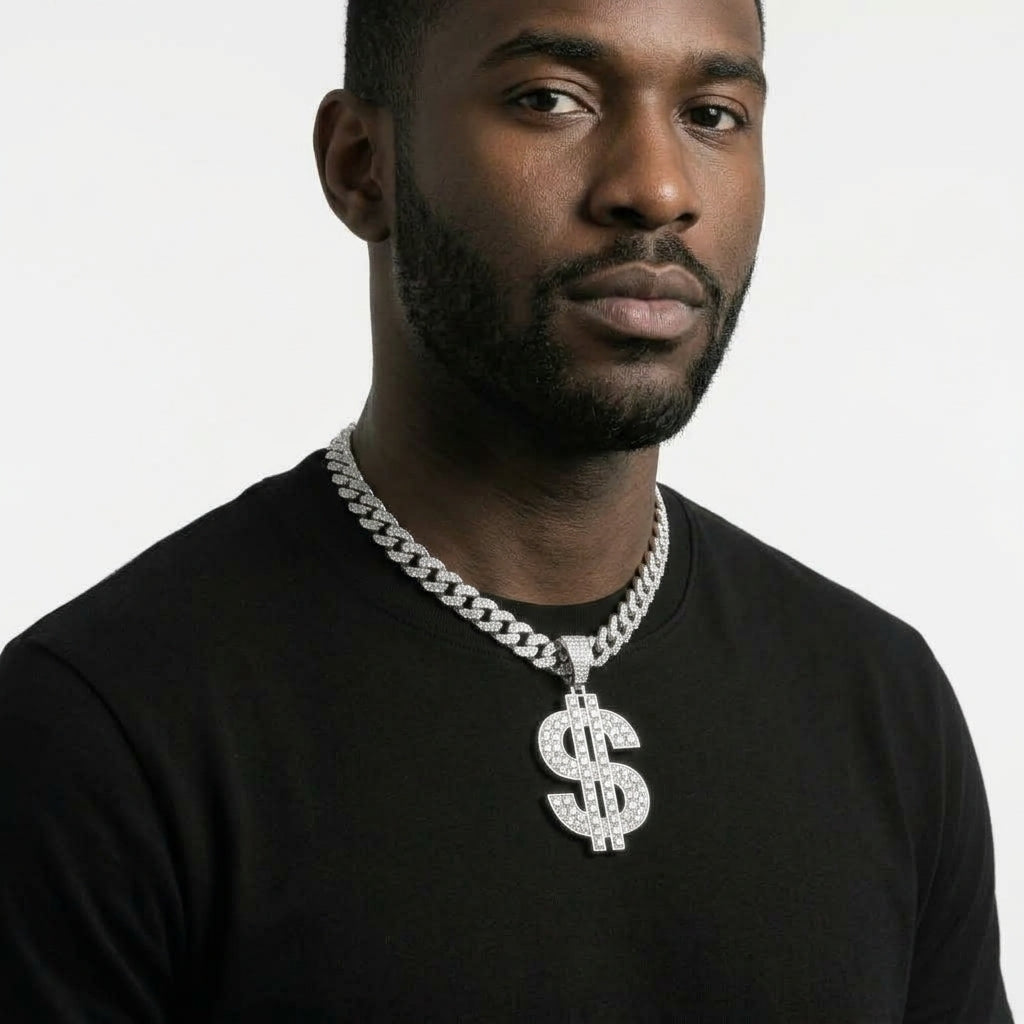 Iced Out Dollar Sign Pendant Necklace on Cuban Link Chain – Double-Bar Money Sign Design | Gold or Silver