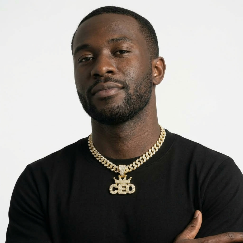 Iced Out Crowned CEO Pendant Necklace on Cuban Link Chain – Rounded Block Letters with Stone-Set Crown | Silver or Gold