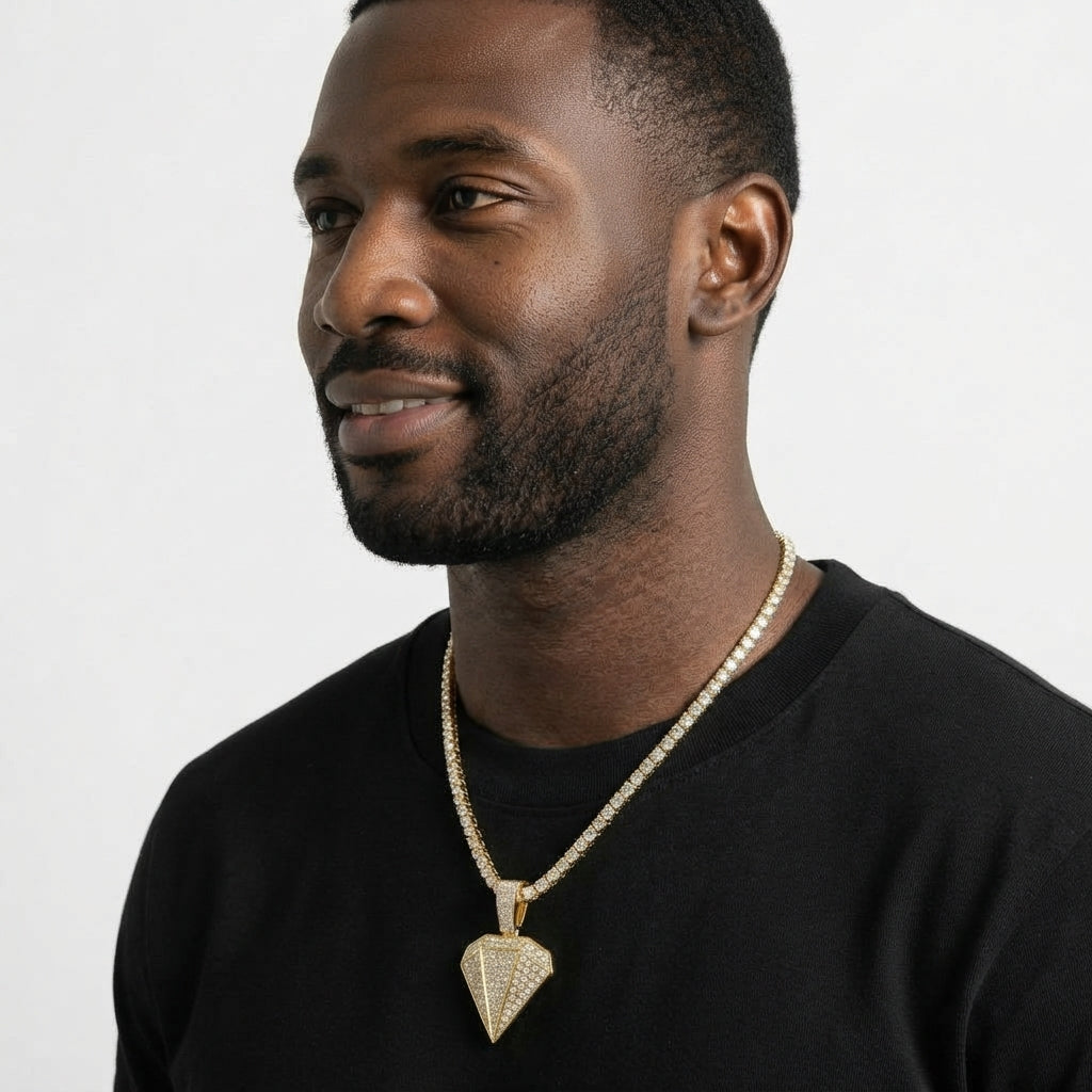 Iced Out Diamond-Shaped Pendant Necklace on Tennis Chain – Faceted Gem Design | Gold or Silver