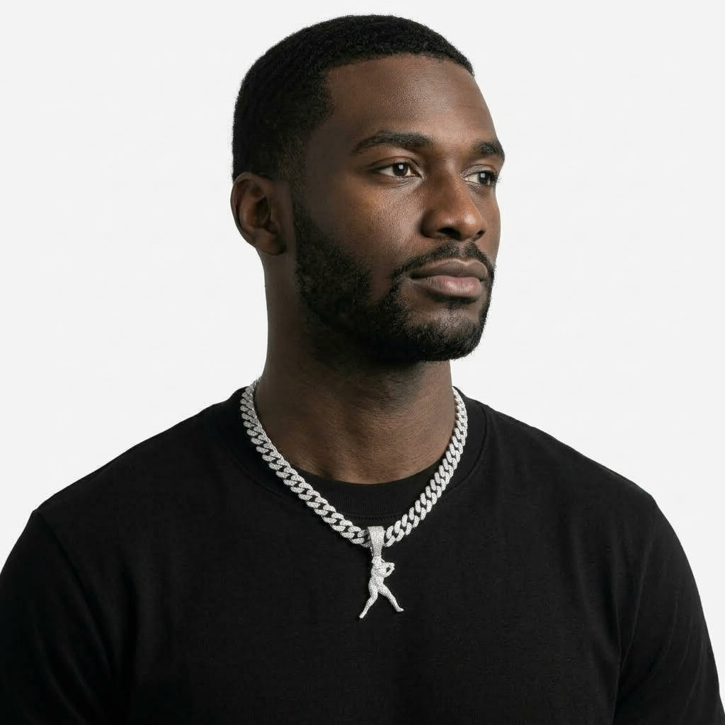 Iced Out Baseball Player Pendant Necklace on Cuban Link Chain – Batter with Bat Over Shoulder | Gold or Silver