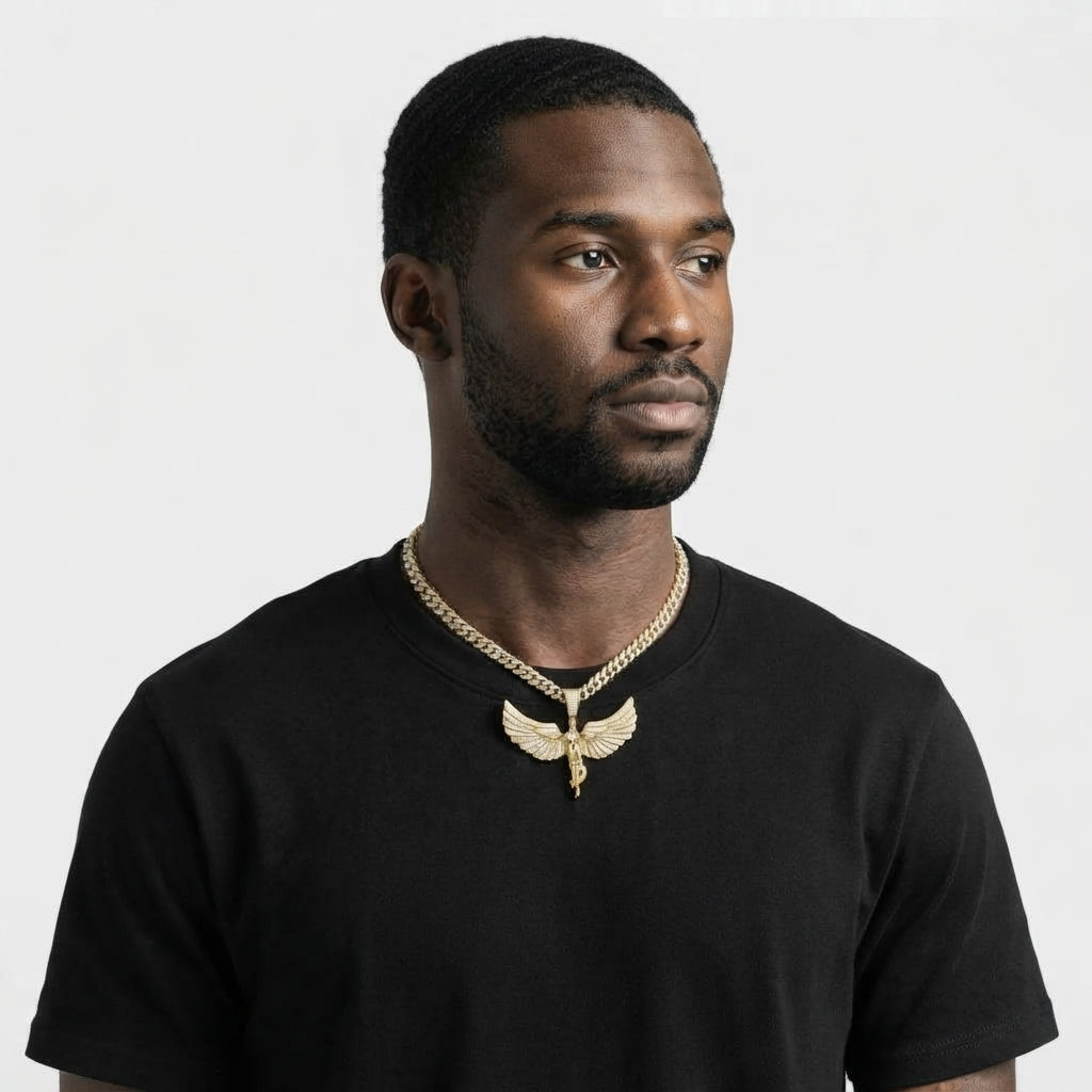 Iced Out Winged Angel Pendant Necklace on Cuban Link Chain – Polished Draped Figure with Stone-Set Wings | Gold or Silver