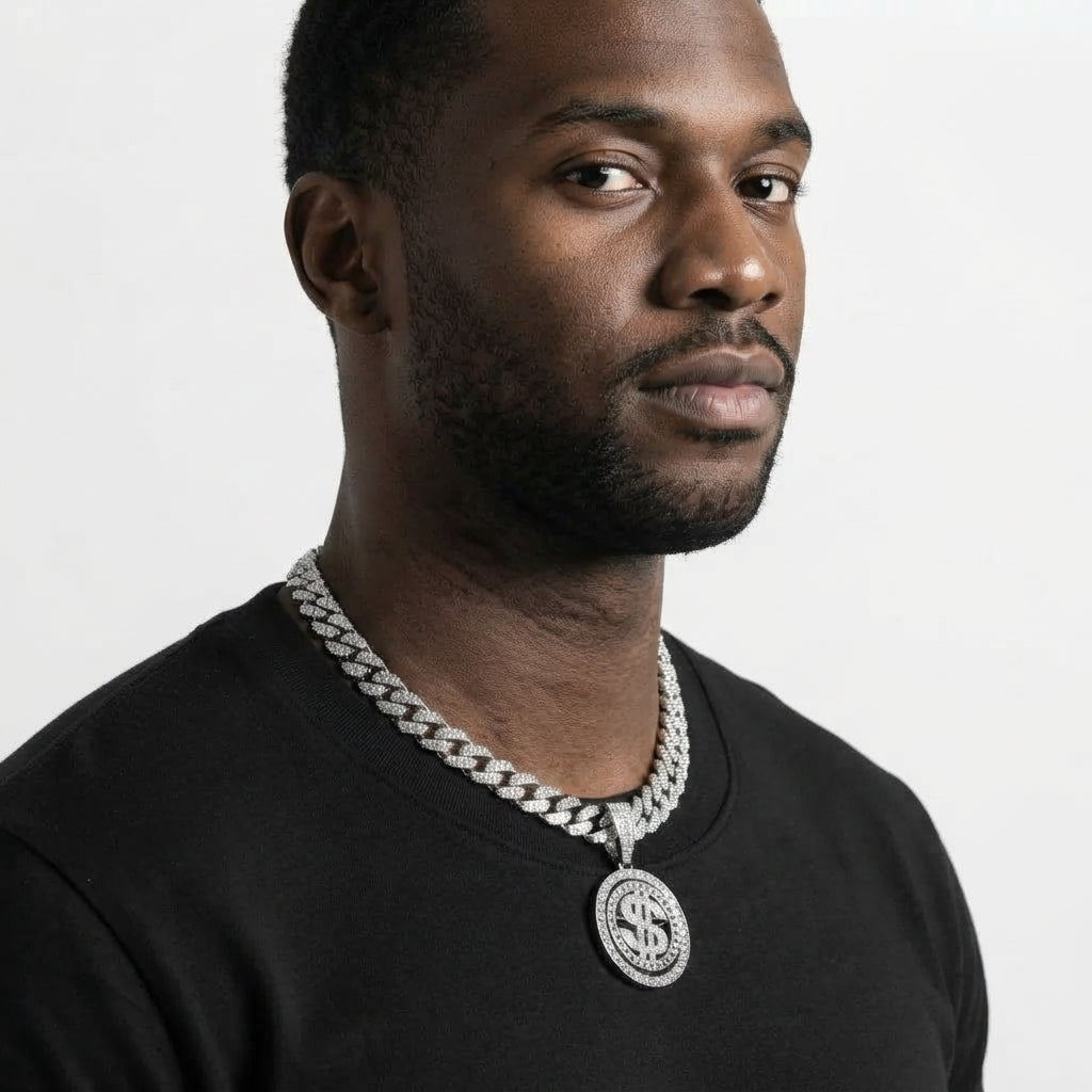 Iced Out Dollar Sign Medallion Pendant Necklace on Cuban Link Chain – Round Stone-Set Frame | Silver or Gold