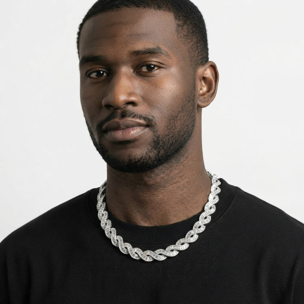 Iced Out Baguette Infinity Link Chain Necklace – Interlocking Figure-8 Links, Fully Stone-Set | Gold or Silver