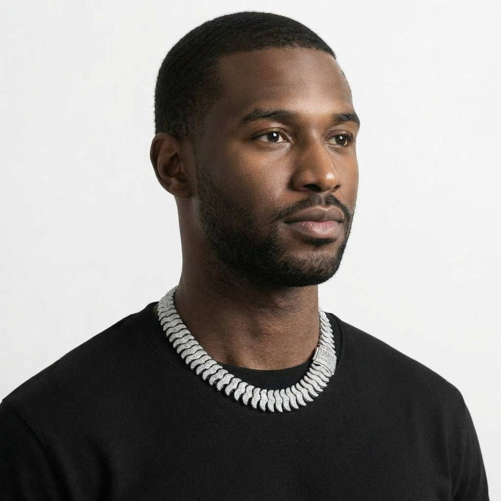 Iced Out Wave Link Chain Necklace – Stacked S-Curve Links with Baguette-Stone Box Clasp | Gold or Silver