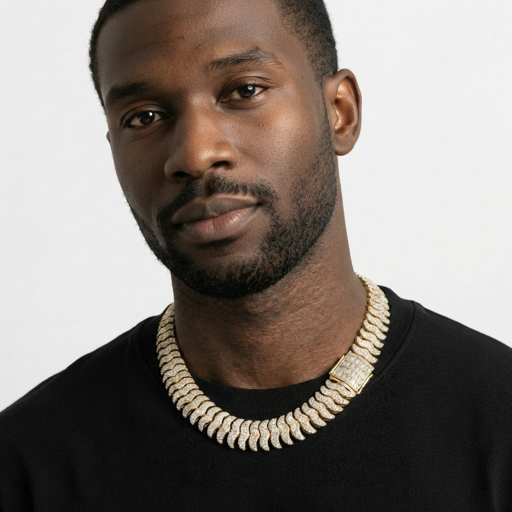 Iced Out Wave Link Chain Necklace – Stacked S-Curve Links with Baguette-Stone Box Clasp | Gold or Silver