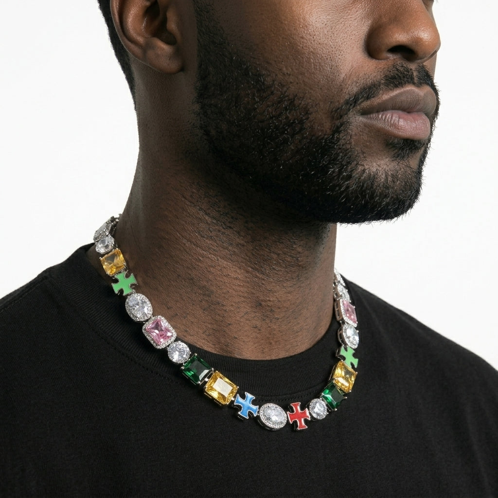 Iced Out Multicolor Stone Link Chain Necklace – Square-Cut Colored Stones, Oval Halo Stones & Enamel Cross Links | Silver