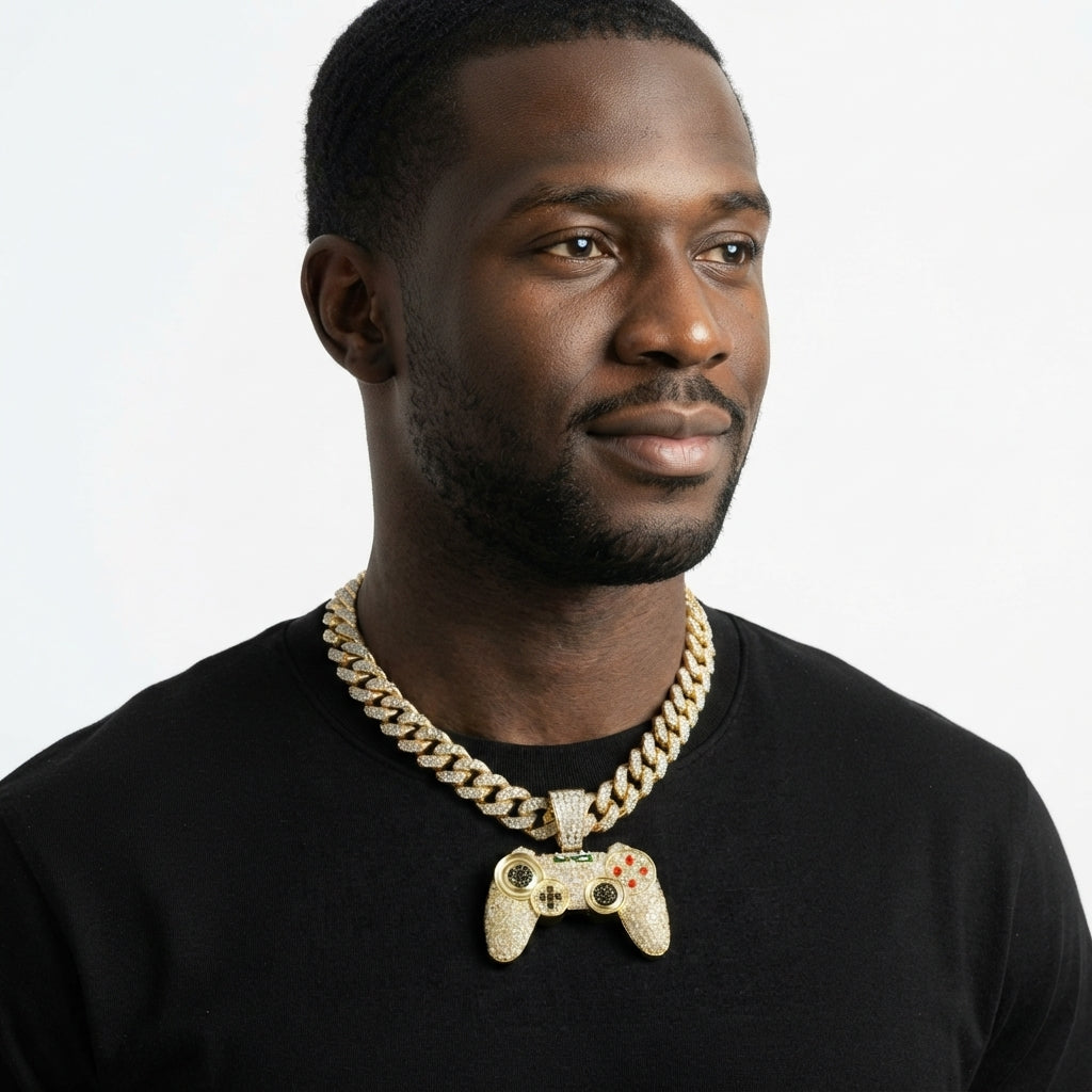 Iced Out Game Controller Pendant Necklace on Cuban Link Chain – Gamepad with Red Buttons & Black Stone Thumbsticks | Gold or Silver