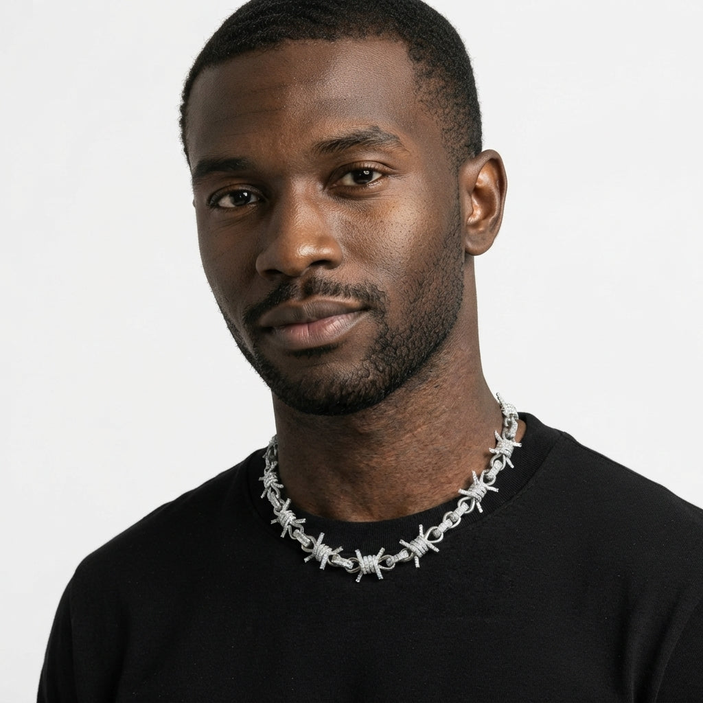 Barbed Wire Chain Necklace – Iced Out Clear Stone Thorn Link Design, Silver & Gold