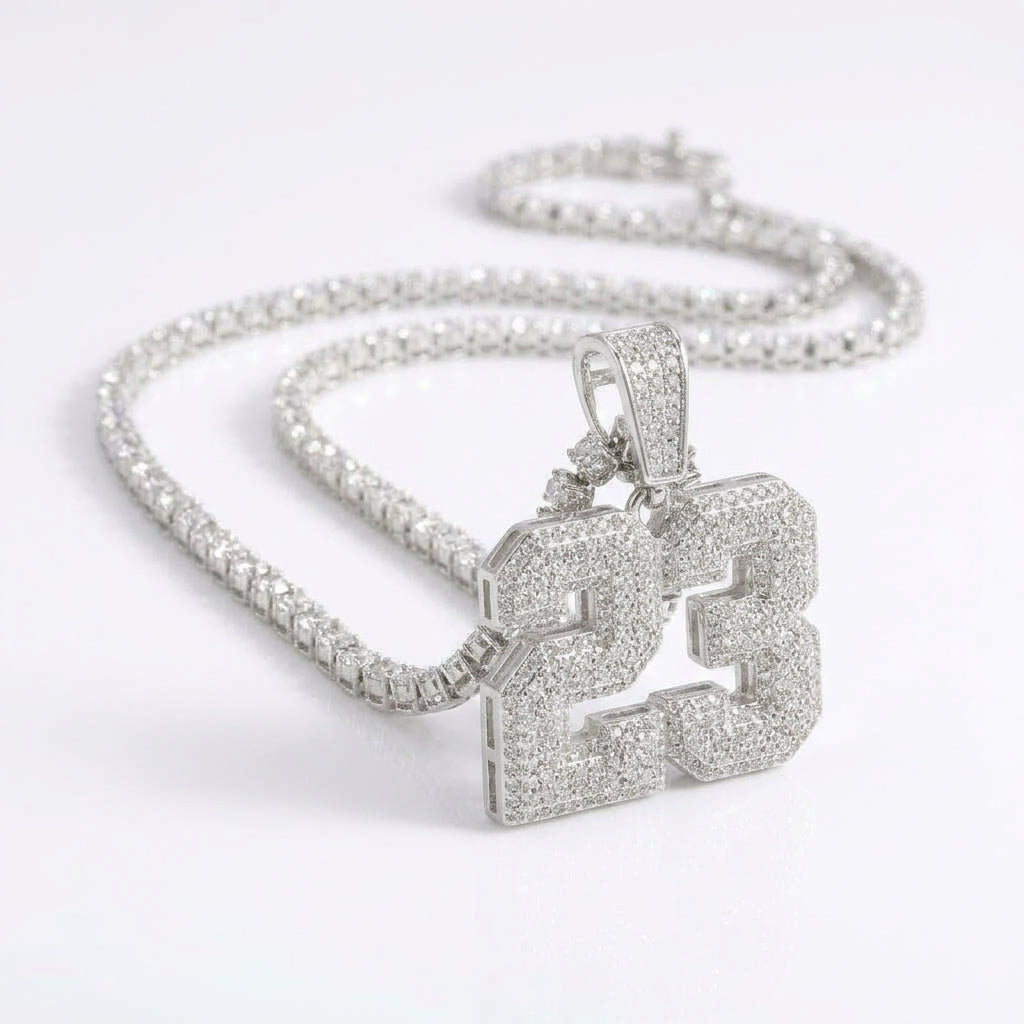 Iced Out Number 23 Pendant Necklace on Tennis Chain – 3D Layered Jersey Numerals | Silver or Gold