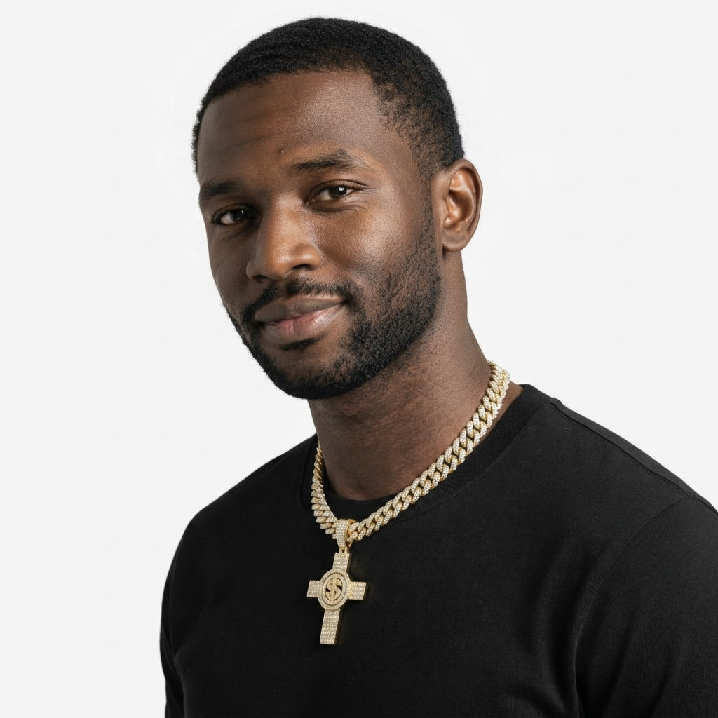 Iced Out Dollar Sign Cross Pendant Necklace on Cuban Link Chain – Fully Stone-Set with Double-Ring Center Frame | Gold or Silver