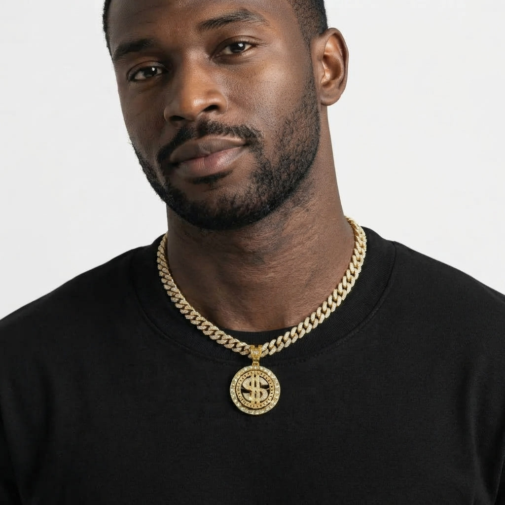 Iced Out Dollar Sign Medallion Pendant Necklace on Cuban Link Chain – Round Stone-Set Frame | Silver or Gold