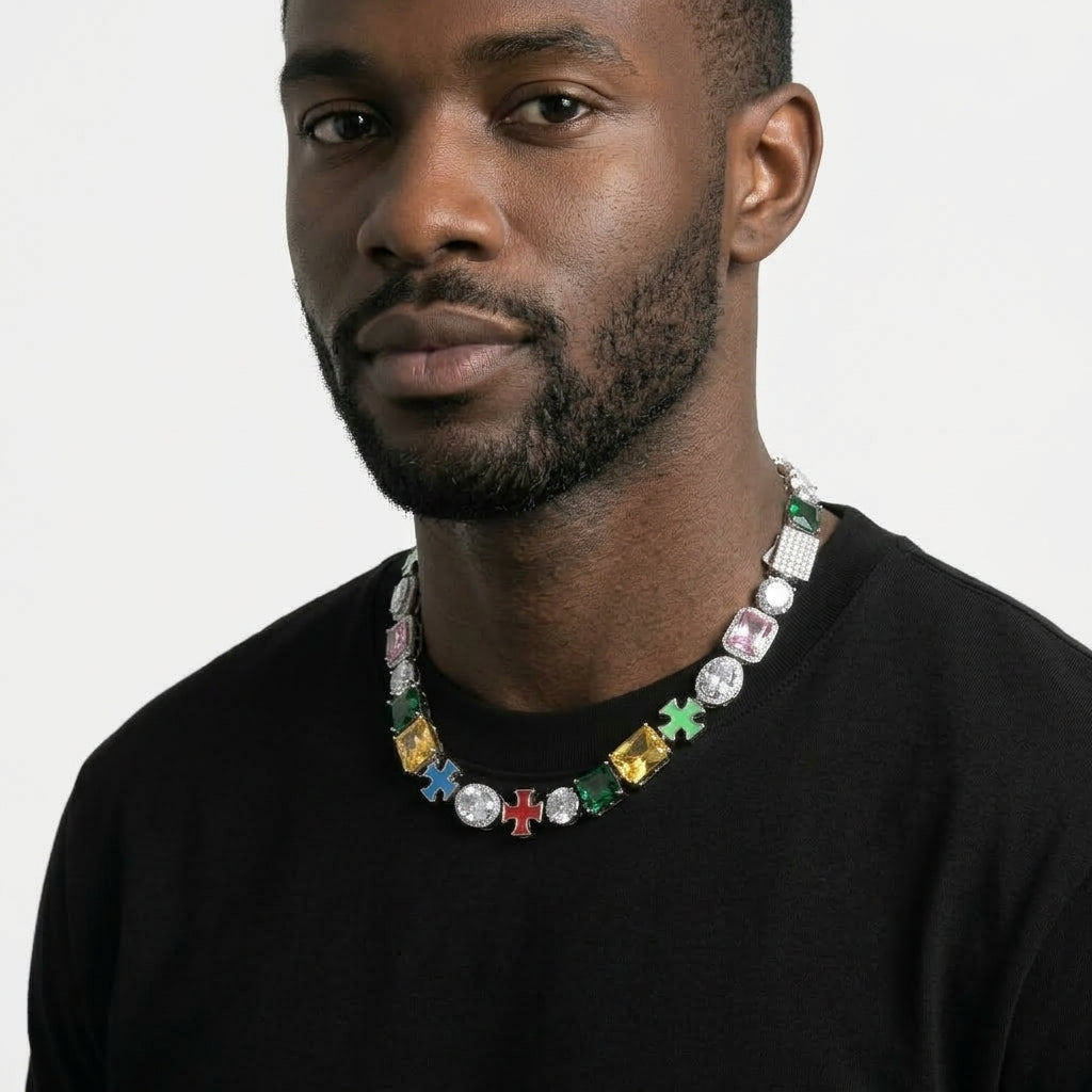 Iced Out Multicolor Stone Link Chain Necklace – Square-Cut Colored Stones, Oval Halo Stones & Enamel Cross Links | Silver