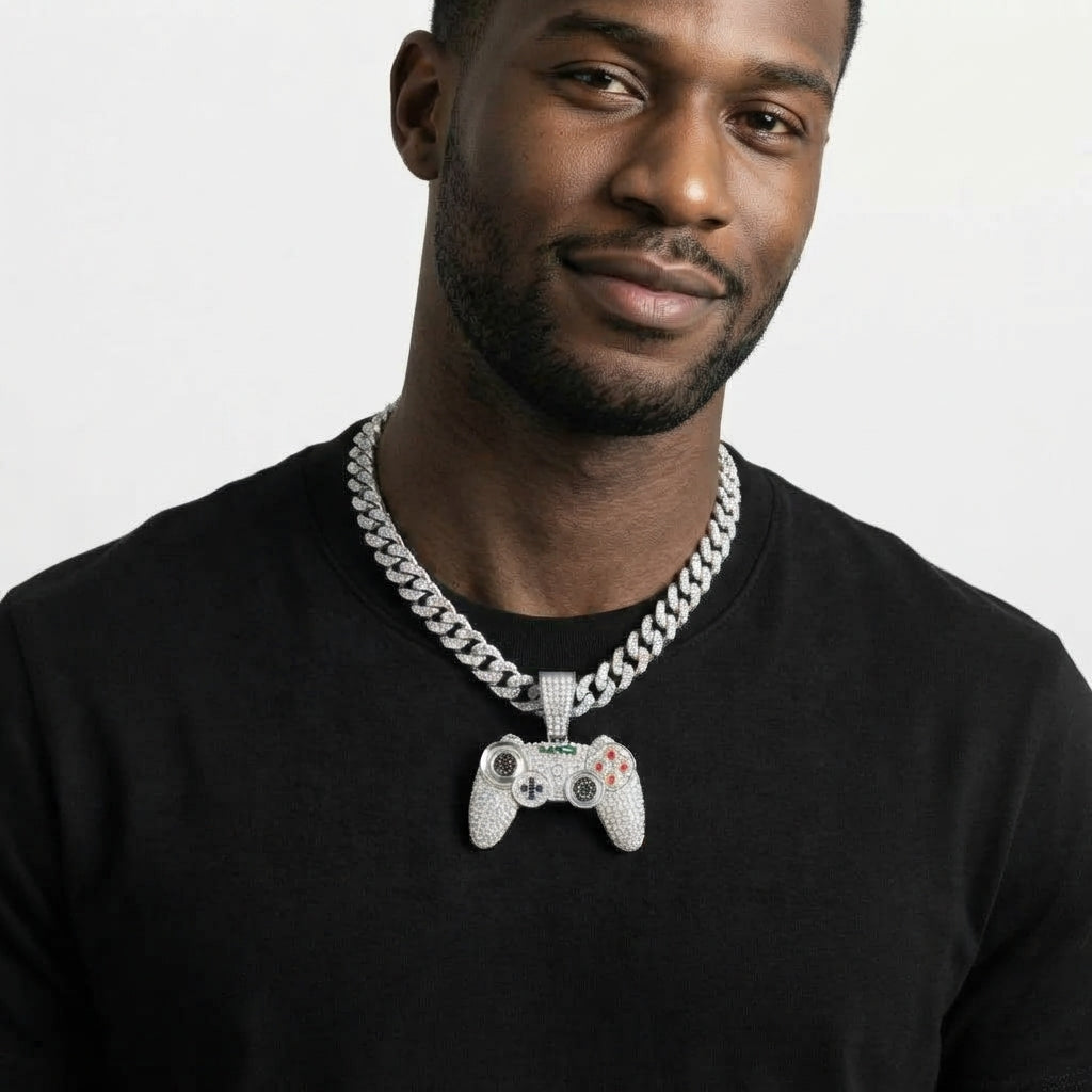 Iced Out Game Controller Pendant Necklace on Cuban Link Chain – Gamepad with Red Buttons & Black Stone Thumbsticks | Gold or Silver
