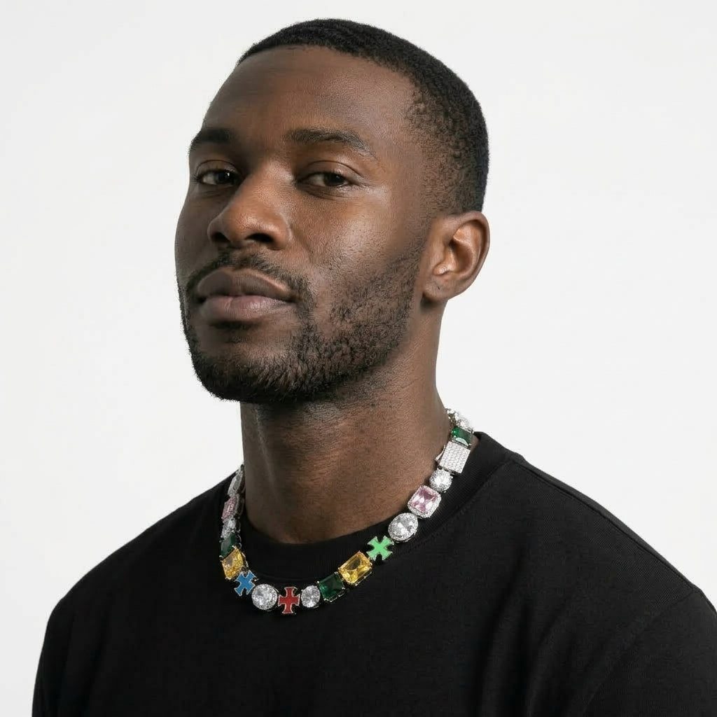 Iced Out Multicolor Stone Link Chain Necklace – Square-Cut Colored Stones, Oval Halo Stones & Enamel Cross Links | Silver