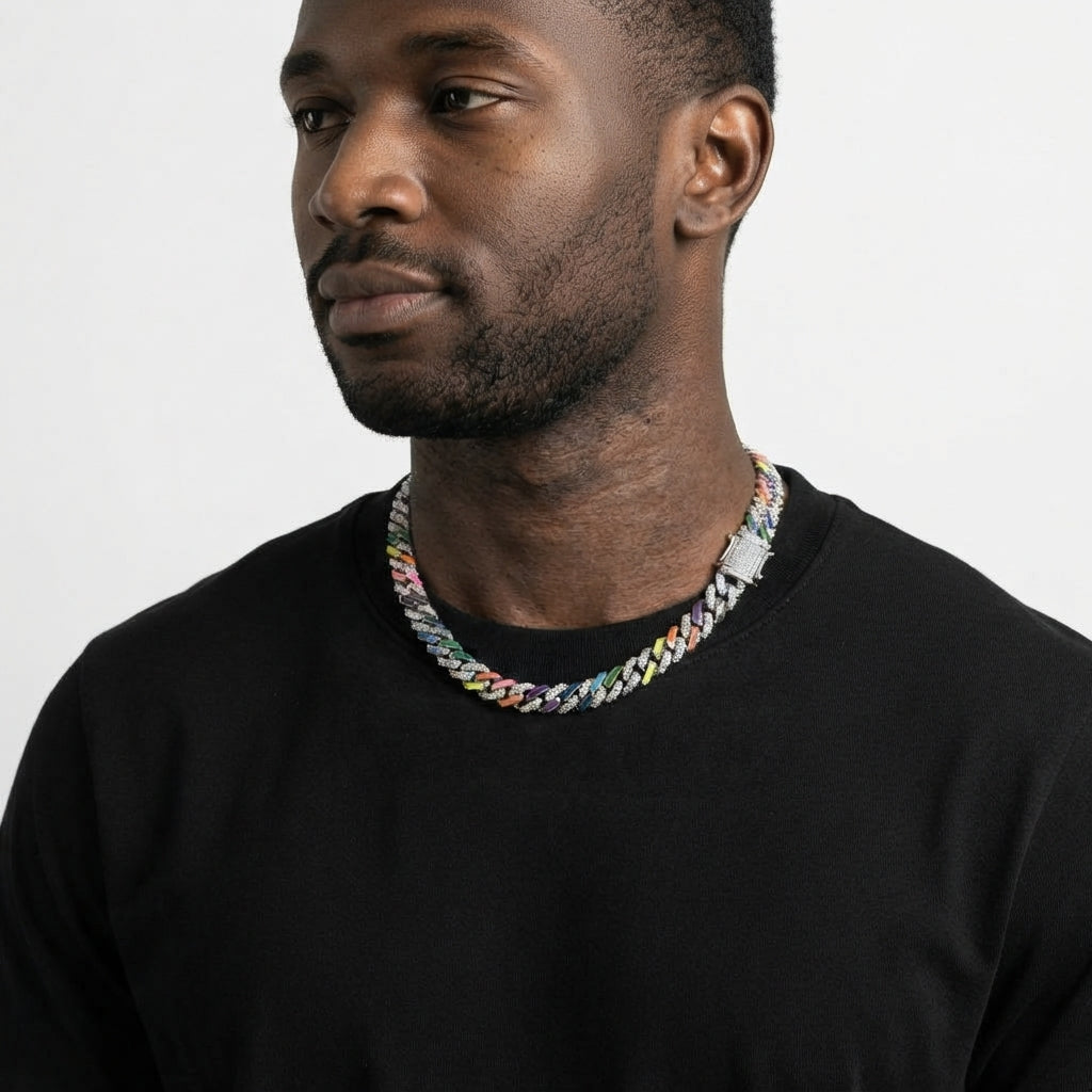 Iced Out Rainbow Cuban Link Chain Necklace – Multicolor Enamel Link Edges with Stone-Set Box Clasp | Silver