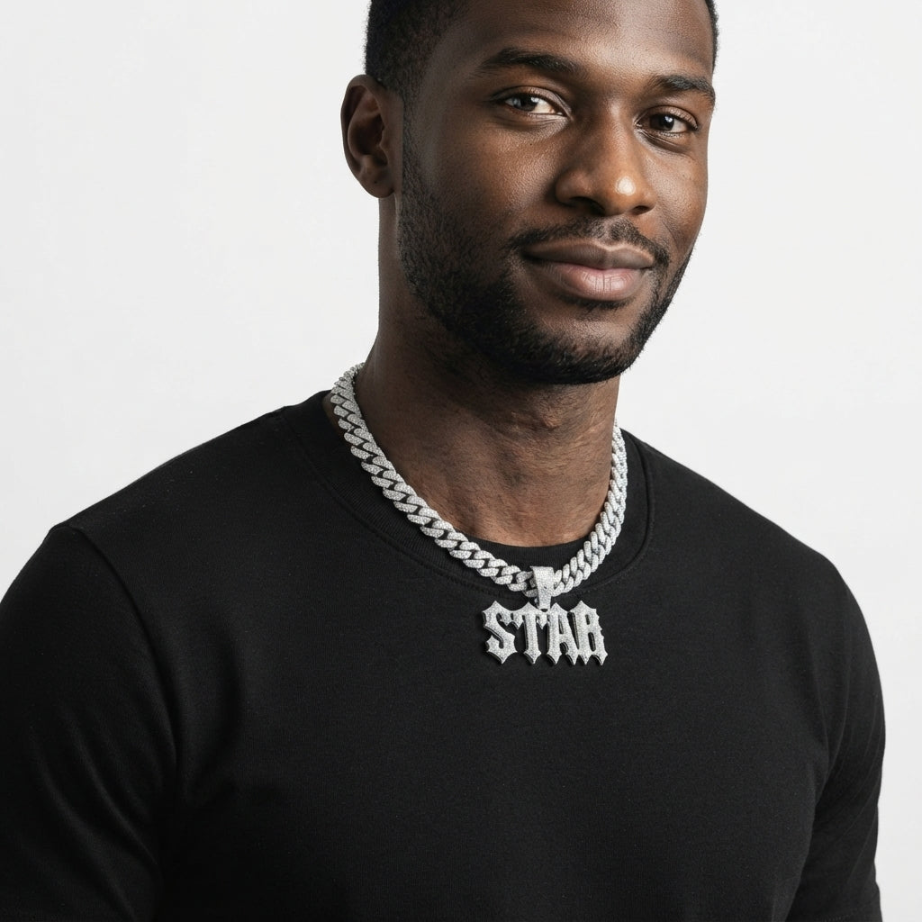 Iced Out STAR Pendant Necklace on Cuban Link Chain – Old English Gothic Letters | Gold or Silver