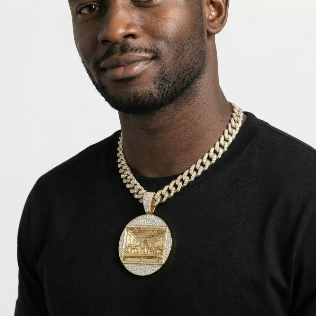 Iced Out Last Supper Medallion Pendant Necklace on Cuban Link Chain – Polished Relief Scene, Religious Jewelry | Gold or Silver