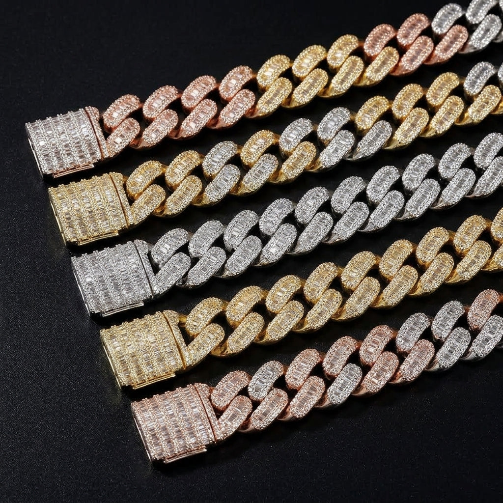 Iced Out Baguette Cuban Link Chain Necklace – Baguette-Stone Links with Pavé Borders & Box Clasp | Gold, Silver & Mixed-Metal Options