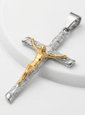 Crucifix Cross Pendant – Gold-Tone Christ Figure on Silver Wood-Grain Textured Cross, Religious Jewelry | 42 x 22mm