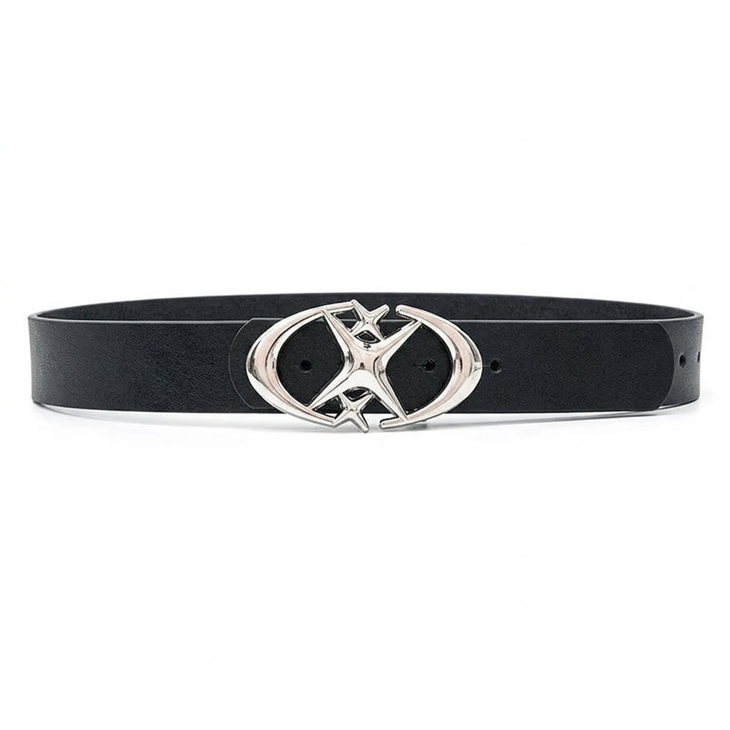 Black Y2K Star Buckle Belt – Polished Silver Oval Plaque with Crossing Four-Point Stars & Smooth Strap