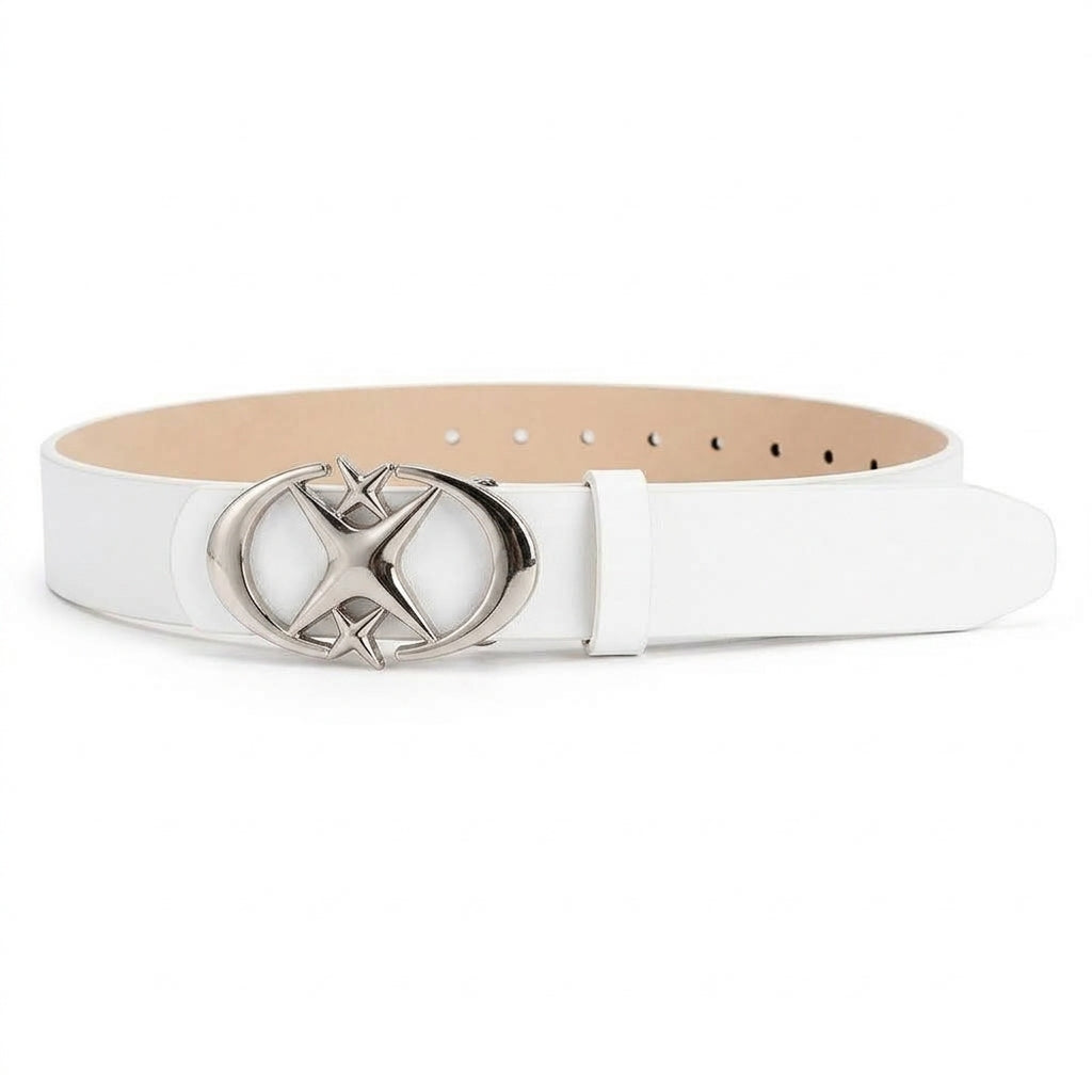 White Y2K Star Buckle Belt – Polished Silver Oval Plaque with Crossing Four-Point Stars & Smooth Strap