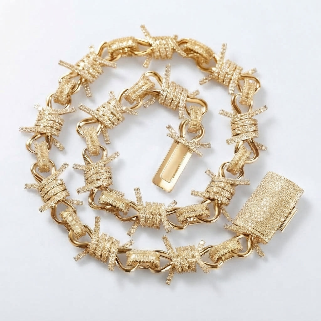 Barbed Wire Chain Necklace – Iced Out Clear Stone Thorn Link Design, Silver & Gold