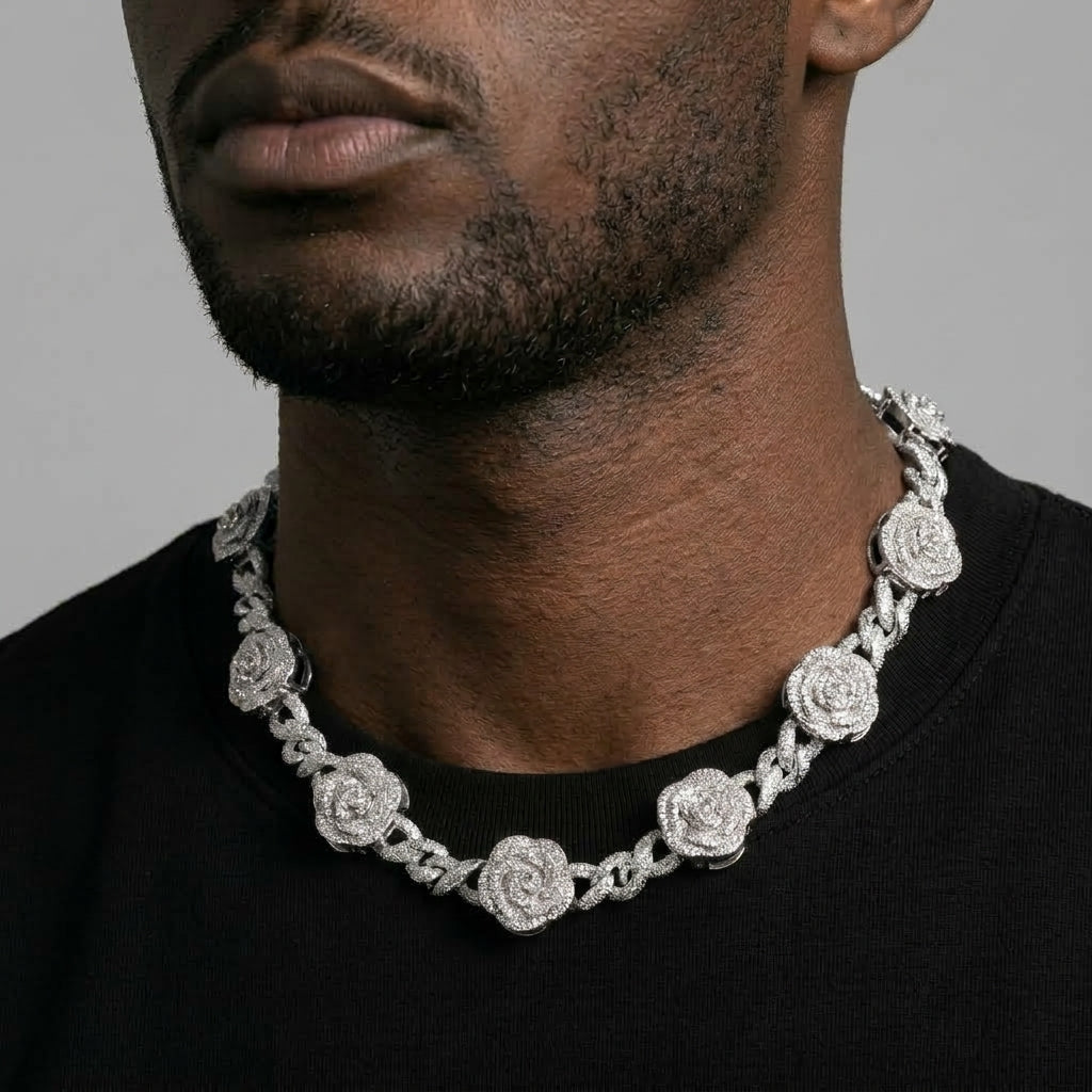 Iced Out Rose Flower Link Chain Necklace – Layered-Petal Roses with Stone-Set Infinity Links | Silver/Rose Gold or Silver
