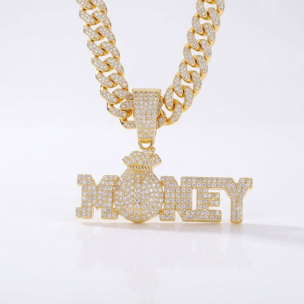 Iced Out MONEY Pendant Necklace on Cuban Link Chain – Money Bag O with Block Letters | Gold or Silver