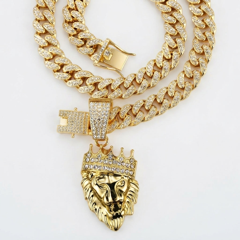 Iced Out Crowned Lion Head Pendant Necklace on Cuban Link Chain – Roaring Lion with Stone-Set Crown | Silver or Gold