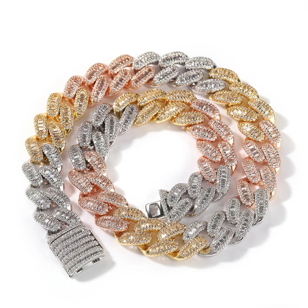 Iced Out Baguette Cuban Link Chain Necklace – Baguette-Stone Links with Pavé Borders & Box Clasp | Gold, Silver & Mixed-Metal Options