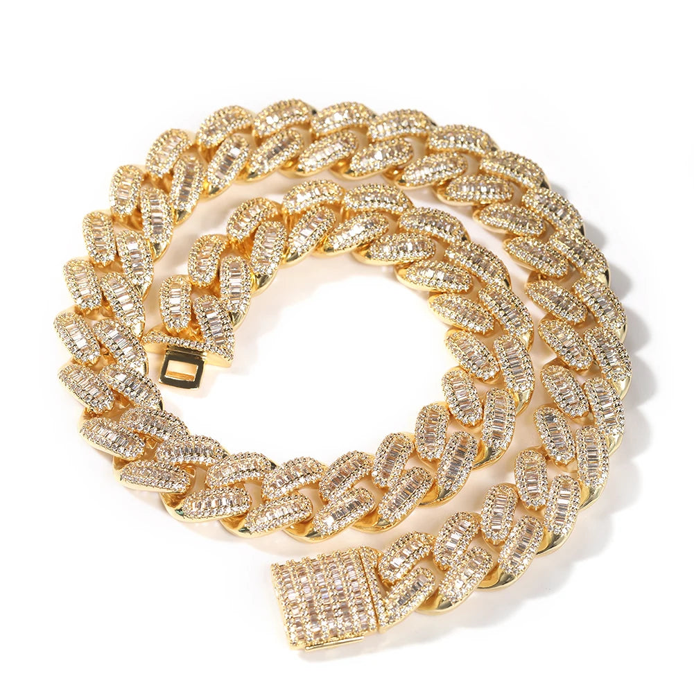 Iced Out Baguette Cuban Link Chain Necklace – Baguette-Stone Links with Pavé Borders & Box Clasp | Gold, Silver & Mixed-Metal Options