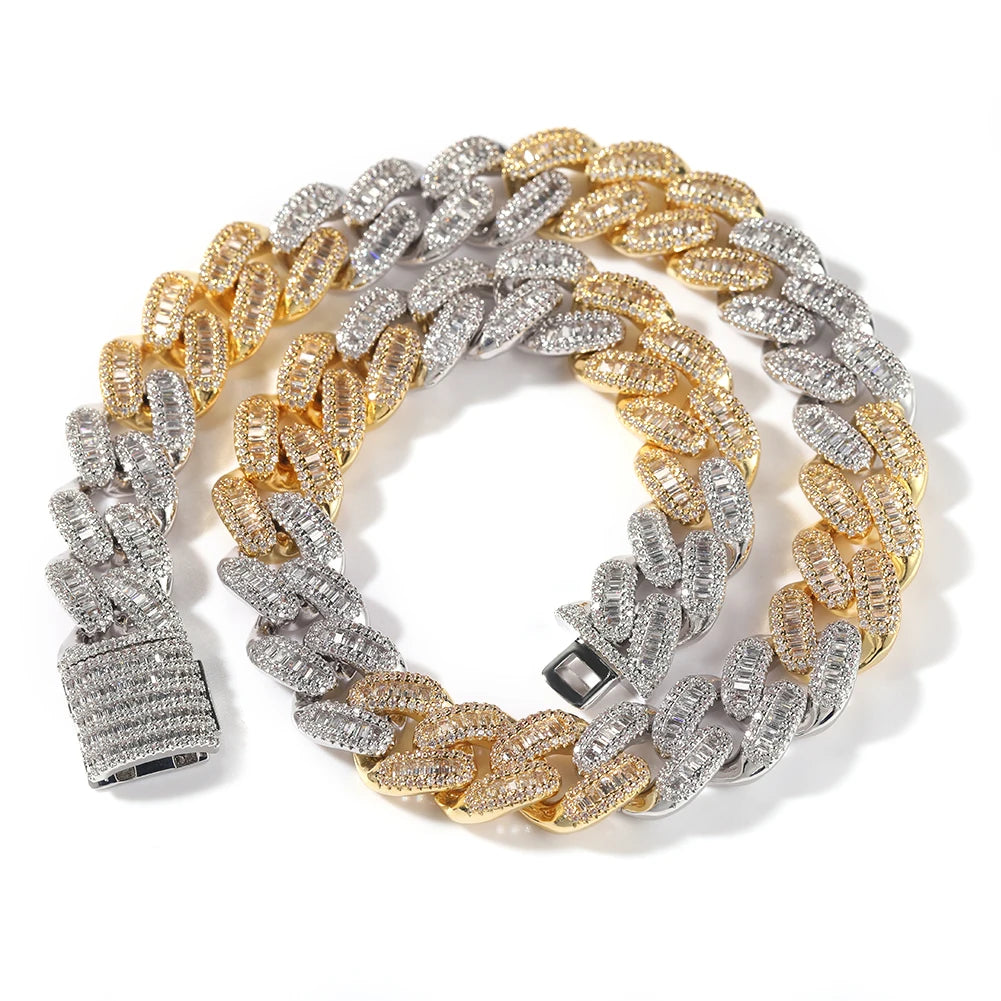 Iced Out Baguette Cuban Link Chain Necklace – Baguette-Stone Links with Pavé Borders & Box Clasp | Gold, Silver & Mixed-Metal Options