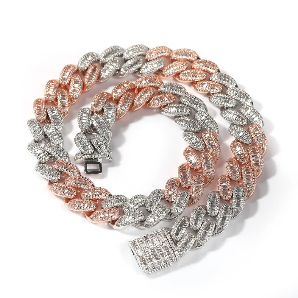Iced Out Baguette Cuban Link Chain Necklace – Baguette-Stone Links with Pavé Borders & Box Clasp | Gold, Silver & Mixed-Metal Options