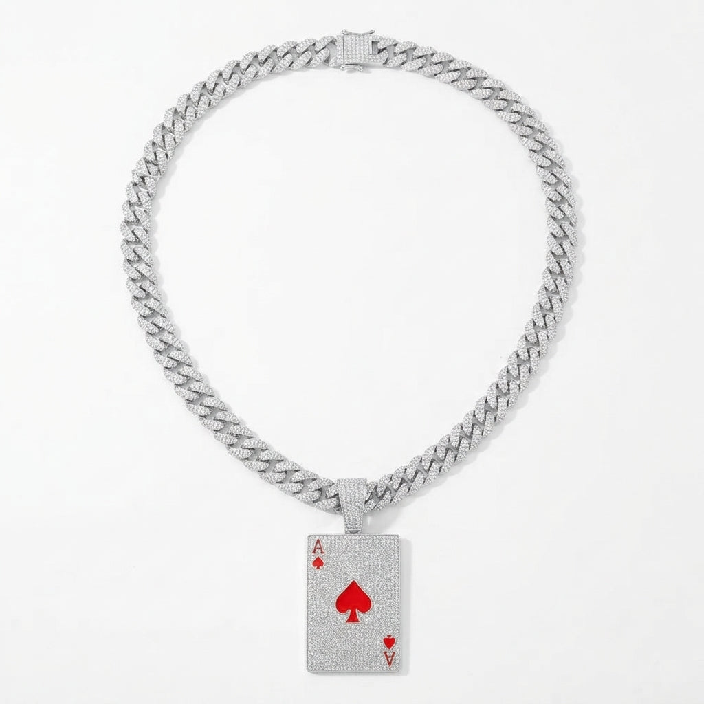 Iced Out Ace of Spades Playing Card Pendant Necklace on Cuban Link Chain – Red Enamel Spade | Silver or Gold