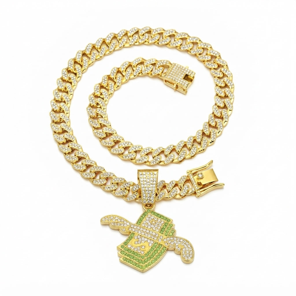 Iced Out Flying Money Pendant Necklace on Cuban Link Chain – Winged Cash Stack with Green Stones | Silver or Gold