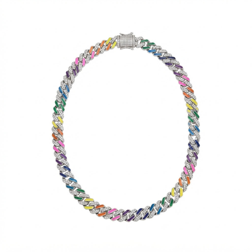 Iced Out Rainbow Cuban Link Chain Necklace – Multicolor Enamel Link Edges with Stone-Set Box Clasp | Silver