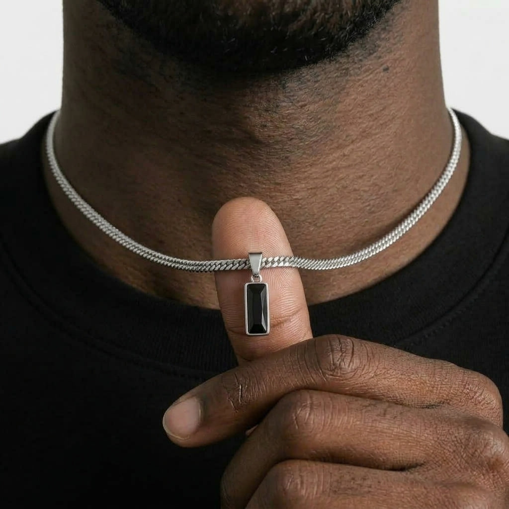 Black Stone Pendant Necklace – Silver Cuban Chain, Faceted Rectangular Design