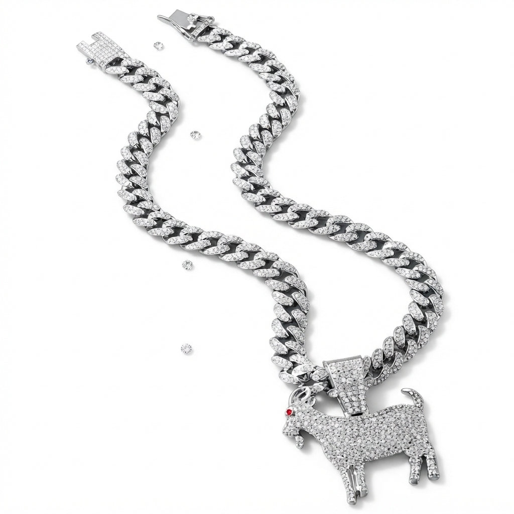 Iced Out Goat Pendant Necklace on Cuban Link Chain – Fully Stone-Set Standing Goat with Red Eye, Horns & Beard | Gold or Silver