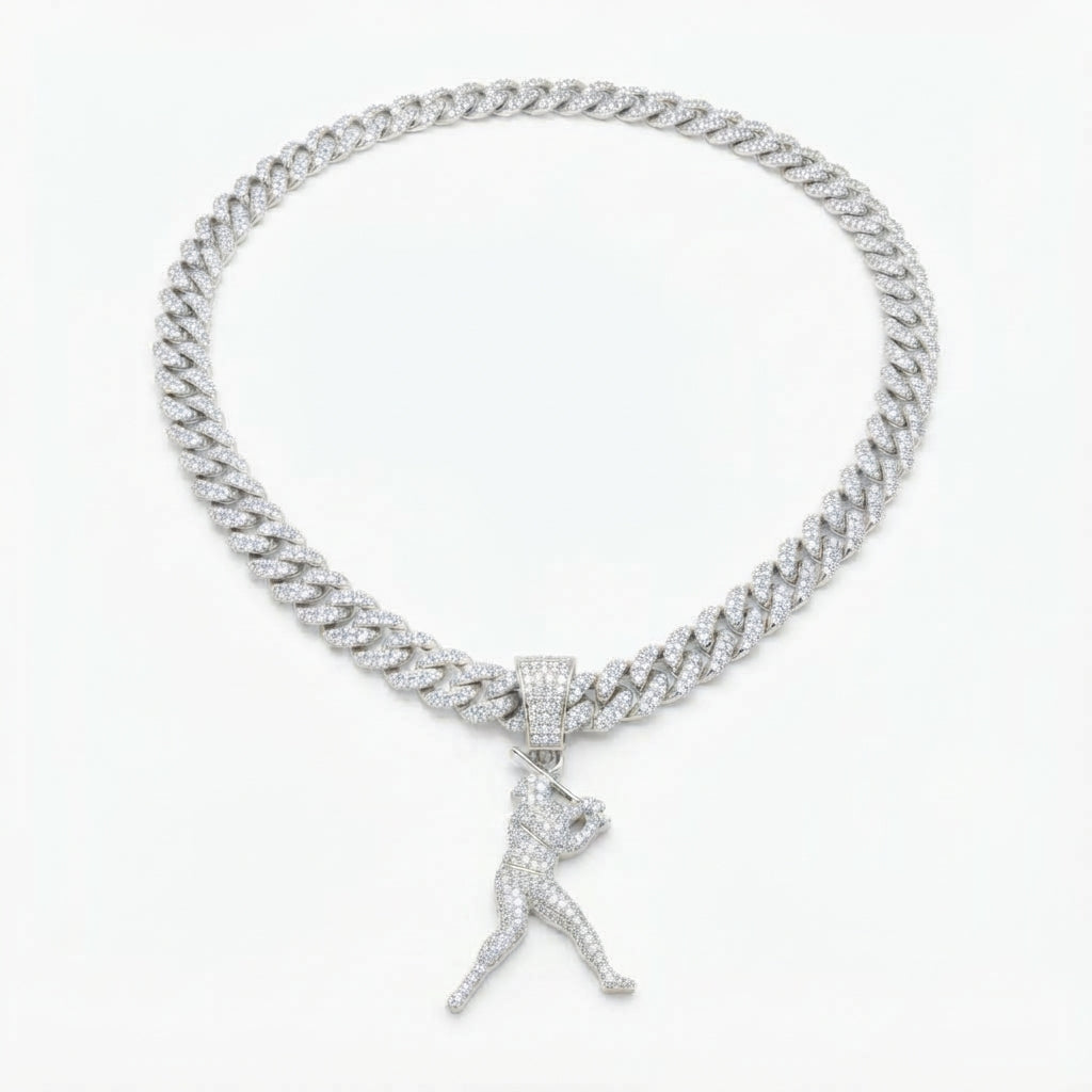 Iced Out Baseball Player Pendant Necklace on Cuban Link Chain – Batter with Bat Over Shoulder | Gold or Silver