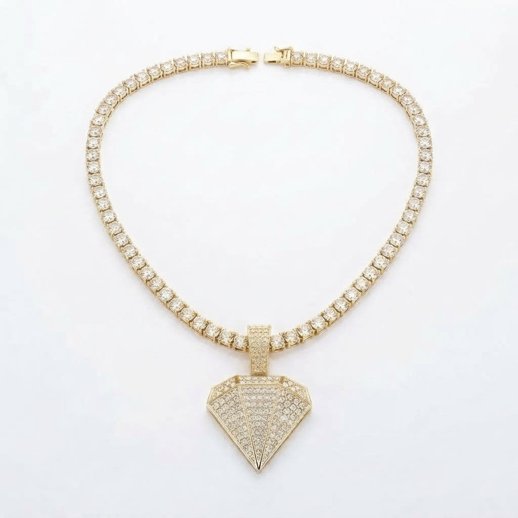 Iced Out Diamond-Shaped Pendant Necklace on Tennis Chain – Faceted Gem Design | Gold or Silver