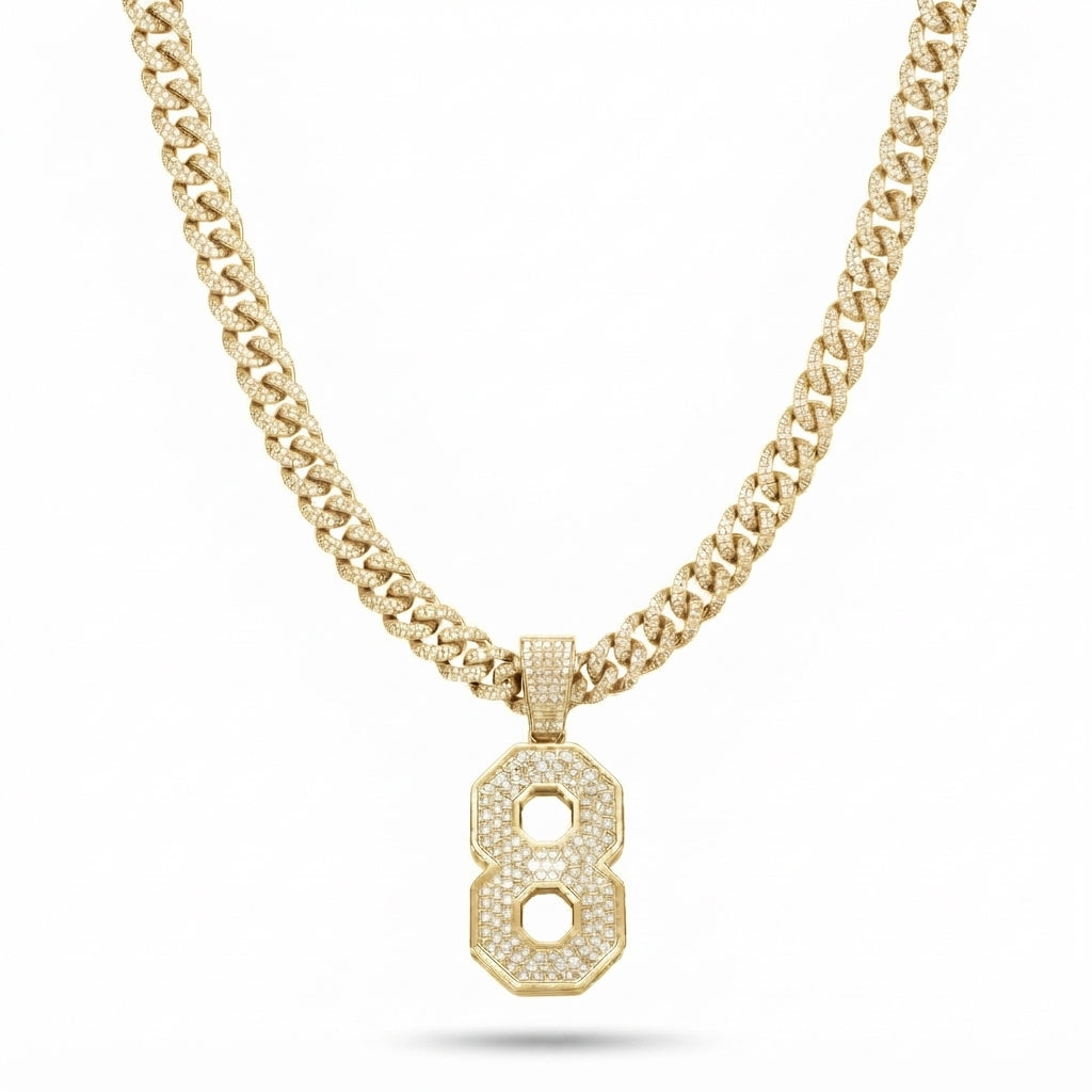 Iced Out Number 8 Pendant Necklace on Cuban Link Chain – Jersey-Style Numeral with Octagon Cutouts | Silver or Gold