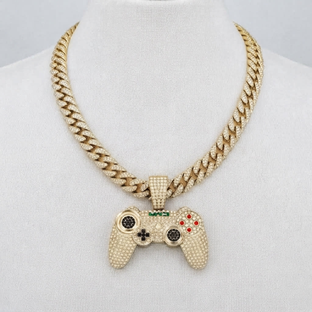 Iced Out Game Controller Pendant Necklace on Cuban Link Chain – Gamepad with Red Buttons & Black Stone Thumbsticks | Gold or Silver