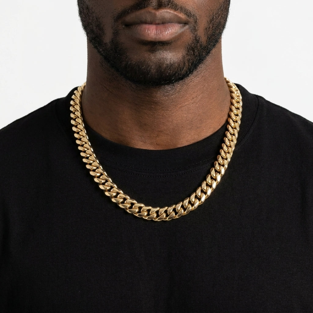18mm Gold Cuban Link Chain Necklace – Polished Flat Interlocking Links
