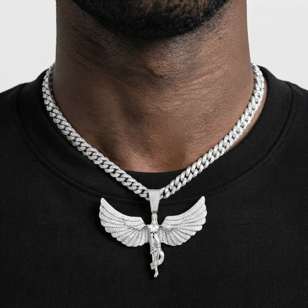 Iced Out Winged Angel Pendant Necklace on Cuban Link Chain – Polished Draped Figure with Stone-Set Wings | Gold or Silver
