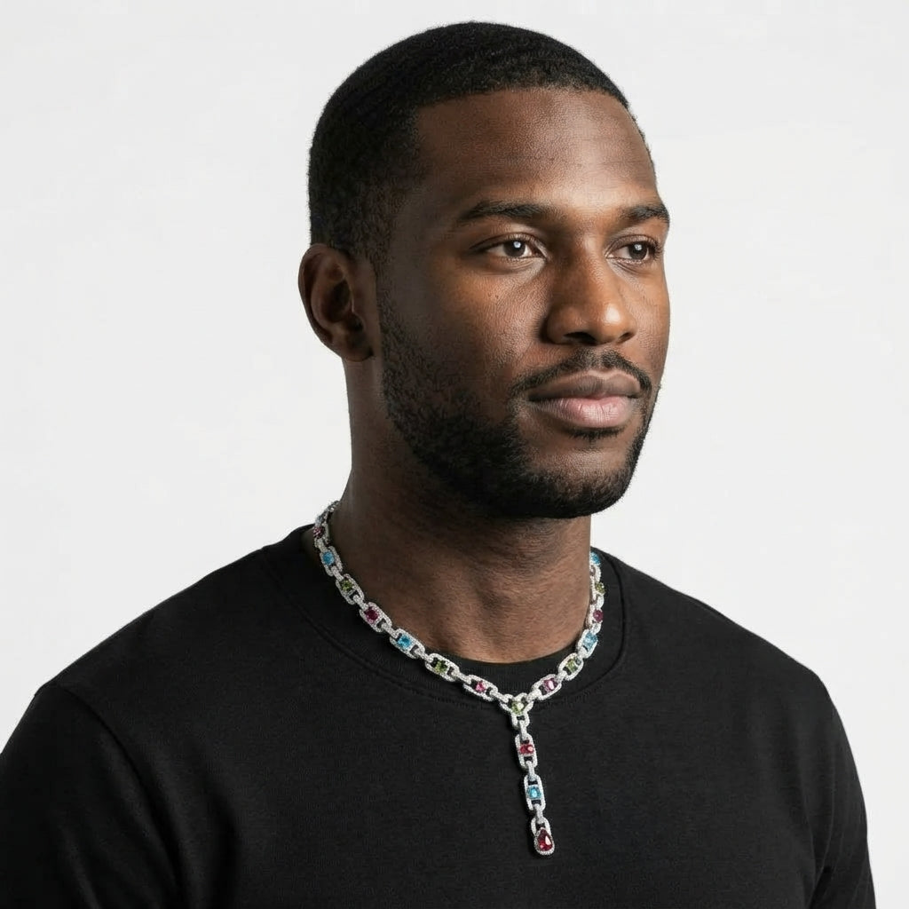 Iced Out Multicolor Y-Drop Link Chain Necklace – Stone-Set Mariner-Style Links with Red Pear-Shaped Drop | Gold or Silver
