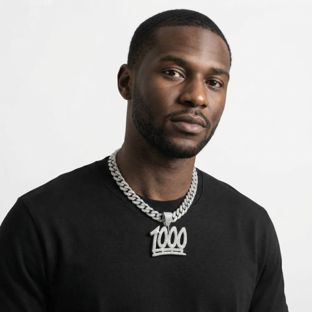 Iced Out 1000 Pendant Necklace on Cuban Link Chain – Keep It 1000 Emoji-Style Numerals with Double Underline | Gold or Silver
